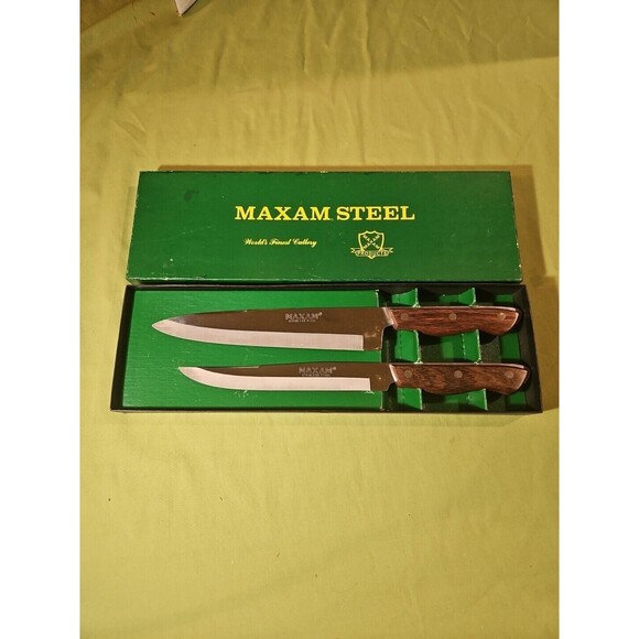 MAXAM Vintage Steel Kitchen Knife Set 2 Pc Carving Chef's Meat Wood Handle 8 &9” - Picture 1 of 4